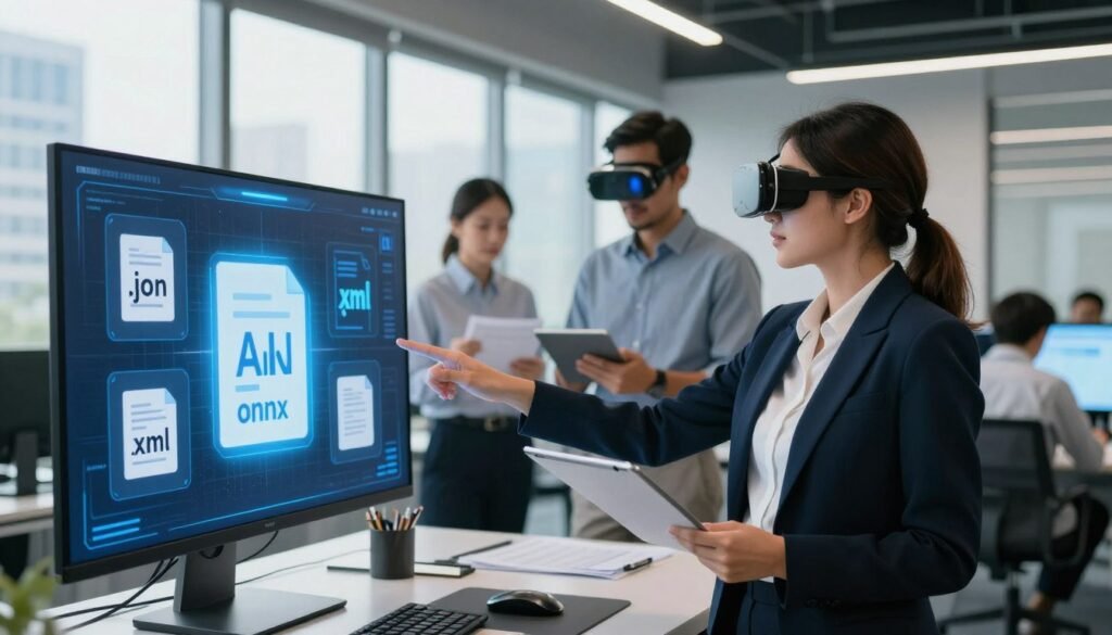 A sleek, modern office environment depicting a diverse group of professionals engaged in exporting AI models in various formats. In the foreground, a confident woman in a business suit gestures toward a digital screen displaying multiple file format icons, such as .json, .xml, and .onnx, illuminated with a soft blue light. In the middle ground, a man reviews documents on a tablet while another colleague stands beside him, analyzing a 3D model with augmented reality glasses, showcasing technological innovation. The background features a large window with city views, allowing natural light to flood the room, enhancing the atmosphere of productivity and collaboration. The overall mood is focused and inspiring, highlighting the seamless integration of AI and modern technology.