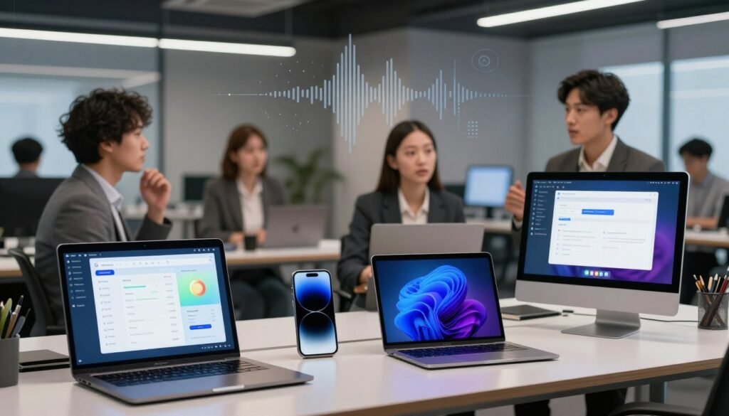 A sleek, modern office workspace depicting a comparison of various text-to-speech (TTS) tools. In the foreground, a laptop displays a vibrant dashboard showing TTS metrics and features. To the right, three visually distinct devices representing different TTS software - an elegant smartphone, a versatile tablet, and a powerful desktop computer, all featuring unique designs. The middle layer showcases professional individuals in business attire analyzing the TTS tools, engaged in discussion, with expressions of curiosity and insight. In the background, soft ambient lighting illuminates the room, hinting at a busy yet focused atmosphere, with subtle abstract graphics symbolizing sound waves and voice modulation floating in the air. The composition should convey innovation and comparison without text or any distractions.