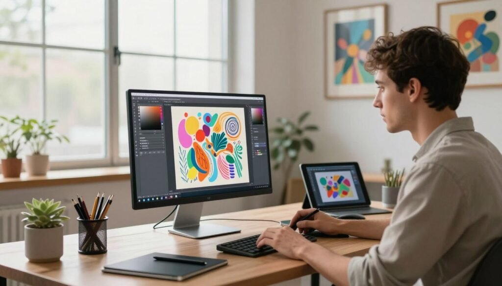 A sleek, modern workspace featuring a digital artist at a high-tech computer, skillfully creating vibrant digital artwork with AI tools. In the foreground, the artist, dressed in professional casual attire, is intently focused on the screen, showcasing a palette of colors and intricate designs. The middle ground displays art supplies, including tablets and styluses, and a screen filled with abstract compositions. In the background, large windows let in soft, natural light, illuminating the room and creating a warm atmosphere. The walls are adorned with framed digital art prints, reflecting innovation and creativity. A cozy ambiance encourages inspiration and artistic exploration, emphasizing the theme of using AI for digital art generation.