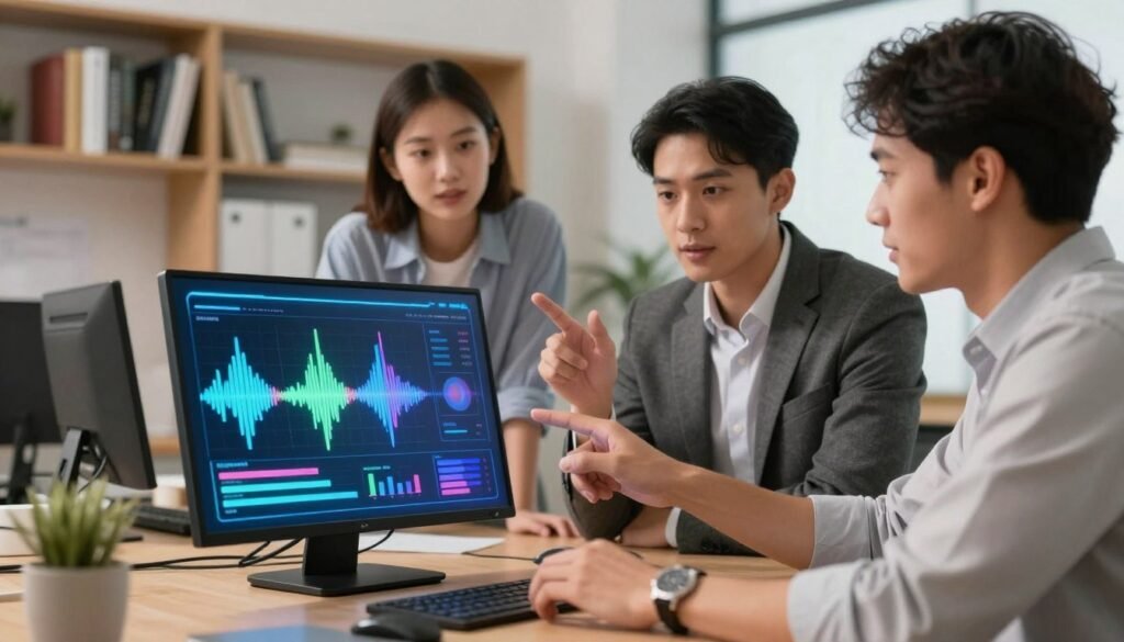 A sleek, modern workspace featuring a diverse group of three professionals—one woman and two men—engaged in lively discussion around a high-tech device displaying a sophisticated AI interface for voice modulation and tone customization. The foreground highlights a colorful, interactive screen with graphical representations of sound waves and tones. In the middle ground, the team members are dressed in professional business attire, gesturing and pointing towards the screen, exemplifying collaboration and creativity. The background features soft-focus shelves lined with books on technology and linguistics, enhancing the intellectual atmosphere. The lighting is bright and warm, creating an inviting and innovative environment. The overall mood conveys inspiration, technology, and the future of language personalization through AI.