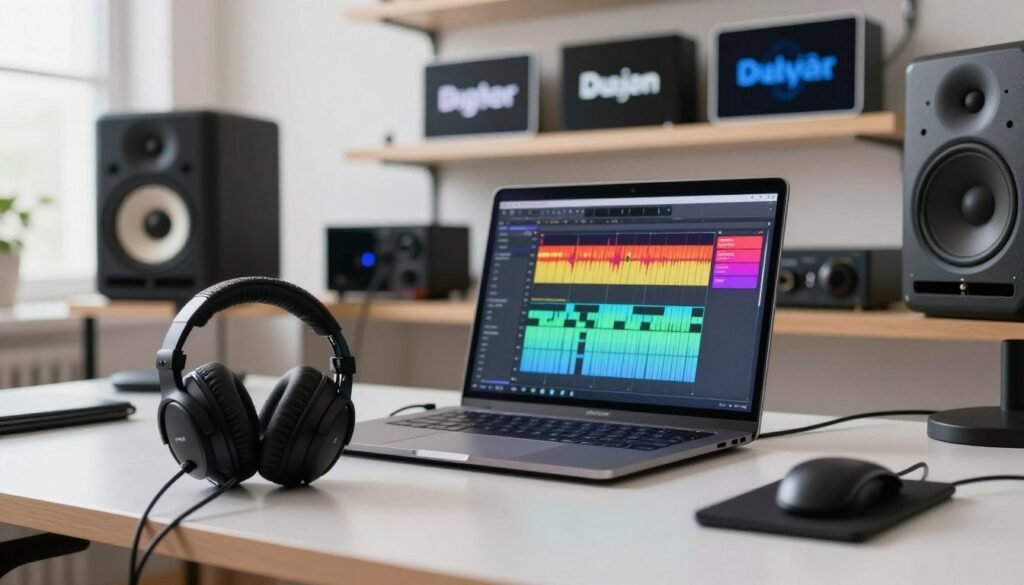 A sleek, modern workspace filled with high-quality audio production tools and platforms. In the foreground, display a stylish microphone and headphones on a polished desk, highlighting their professional design. The middle ground features a laptop screen with audio editing software open, showcasing waveform graphs and vibrant sound visuals. In the background, shelves are lined with various digital audio platforms' logos and sound equipment, all set in a bright, well-lit room with soft natural lighting. The atmosphere is focused and innovative, creating a sense of creativity and technical prowess, ideal for e-learning audio production. A shallow depth of field emphasizes the tools while maintaining clarity in the overall composition.
