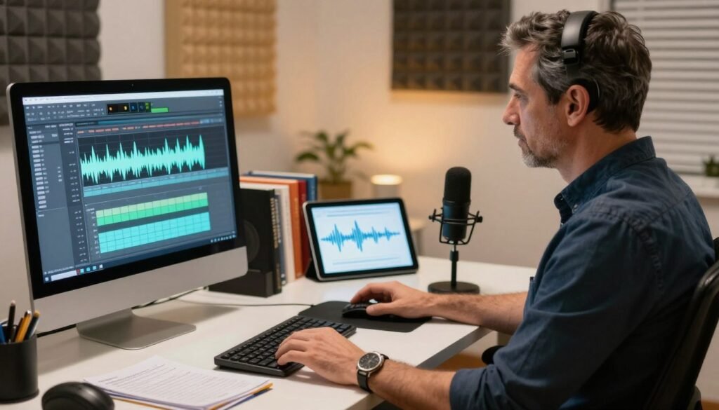 A sleek, modern workspace filled with technology, focusing on a professional individual, a middle-aged man in smart casual attire, seated at a stylish desk. In the foreground, an advanced computer screen displays waveforms and audio editing software, symbolizing the transformation from text to audio. There are notes and a microphone placed strategically beside him, emphasizing the podcast theme. The middle ground features books on audio production and a digital tablet showcasing text transforming into sound waves. The background features soft-focus soundproofing panels and warm ambient lighting, creating a productive atmosphere. Use a slightly angled POV to invite the viewer into this world of professional audio creation, evoking a sense of innovation and creativity.