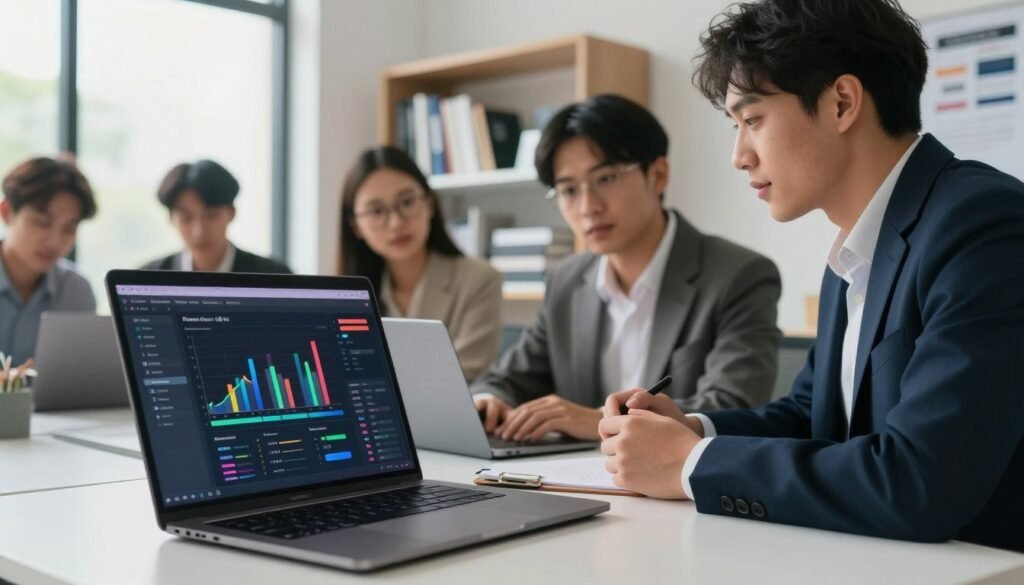 A sleek, modern workspace showcasing technical parameters for image generation in e-commerce. In the foreground, an open laptop displays colorful graphs and settings for resolution, seed values, and image format. In the middle, a diverse group of professionals in business attire collaborates over the laptop, intently discussing the data. The background features a well-organized shelf filled with books and technology-related materials. Soft, natural light filters in through a large window, creating a bright yet focused atmosphere. The scene is captured with a high-resolution lens, ensuring clarity on the laptop screen. The overall mood conveys innovation and teamwork in the realm of artificial intelligence and image generation, emphasizing the importance of technical specifications for e-commerce success.