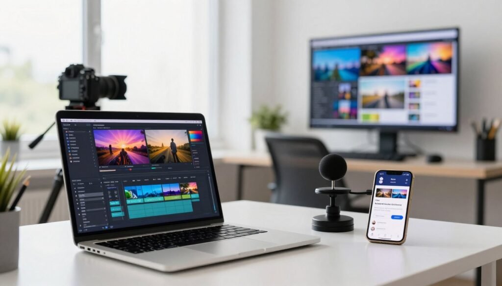 A sleek workspace filled with various high-tech tools and platforms for generating B-roll footage. In the foreground, a modern laptop displays editing software with colorful visuals and clips. Beside it, a professional camera on a tripod captures vibrant scenes, while a smartphone sits on the side with a video app open, showcasing B-roll tips. The middle layer features a large, bright window with natural light streaming in, illuminating the workspace. In the background, a wall-mounted screen displays a creative storyboard with video concepts. The atmosphere is innovative and inspiring, with a clean, organized aesthetic. Use a shallow depth of field to draw attention to the laptop, and ensure the colors are bright and inviting, creating a sense of productivity and creativity.