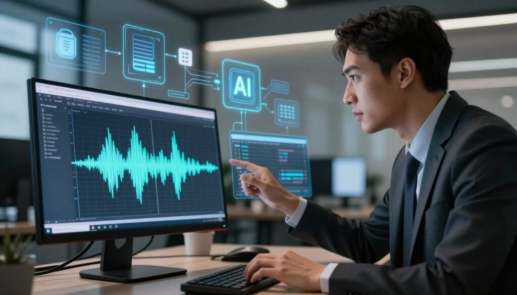 A sophisticated digital workspace featuring advanced voice recognition technology in action. In the foreground, a sleek computer setup with a high-definition monitor displays a dynamic waveform visual of spoken words. A professional in business attire leans slightly towards the screen, thoughtfully analyzing the transcription process, their facial expression focused and engaged. In the middle ground, various digital tools and icons representing AI algorithms and speech-to-text features are artistically arranged, showcasing intricate connections and data flow. The background features a modern office environment with soft, ambient lighting that conveys a sense of innovation and technological advancement. The overall mood is professional, inspiring, and reflective of the cutting-edge capabilities of AI in enhancing communication.