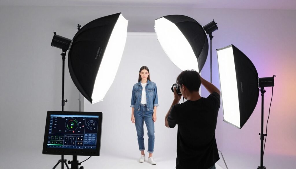 A sophisticated photography studio setup showcasing advanced lighting techniques. In the foreground, a professional photographer manipulates a high-end softbox light, creating soft, diffused illumination on a model dressed in smart casual clothing. The model poses against a white backdrop, surrounded by subtle light reflectors positioned at different angles, enhancing the ambiance. In the middle ground, a digital control panel displays various settings for color temperature and intensity. The background features a sleek, modern studio environment with gradients of light playing on the walls, evoking a creative and professional atmosphere. The scene should reflect a blend of artistic innovation and technical precision, emphasizing the mastery of lighting adjustments in visual storytelling.