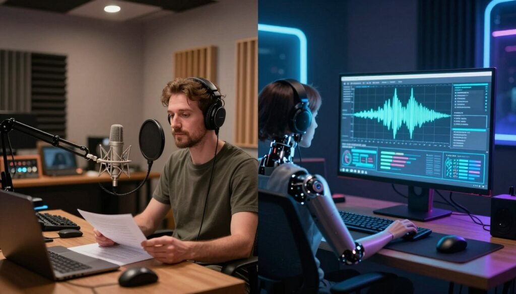 A split image depicting two contrasting approaches to voice dubbing: on the left side, a traditional dubbing studio with a sound engineer and voice actors in a cozy, well-lit room, focused on microphones and scripts, surrounded by soundproofing panels and audio equipment. On the right side, a modern, high-tech setup showcasing artificial intelligence in action, featuring a sleek computer with digital waveforms on the screen, robotic elements, and visualizations of AI algorithms. The atmosphere transitions from warm and intimate on the left to cool and futuristic on the right, with soft lighting on the traditional side and bright, neon accents on the AI side. The image should not contain any people in the same frame, ensuring clarity in the comparison.