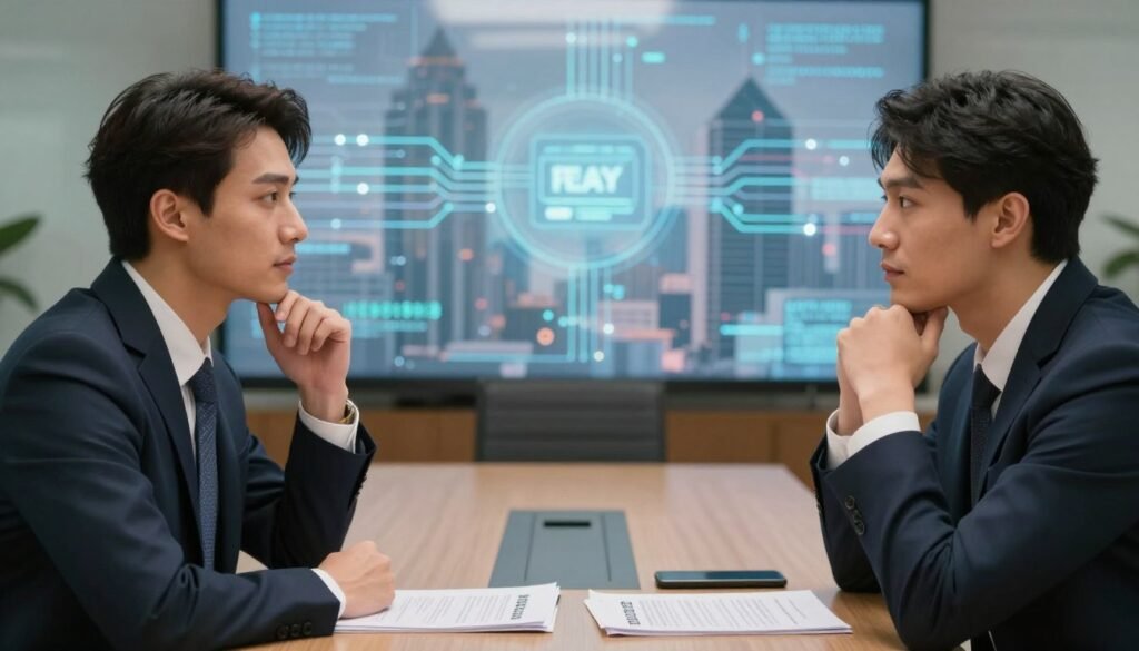 A split image illustrating the ethical considerations of face swapping technology. In the foreground, two individuals in professional business attire exchange cautious glances; one has a visibly swapped face with a serene expression, the other appears contemplative. In the middle ground, a conference table with documents outlining privacy regulations and ethical guidelines on digital identity. The background depicts an abstract representation of digital networks, with glowing circuits and binary code blending into a soft-focus cityscape to symbolize technology’s pervasive reach. Soft, ambient lighting enhances the serious mood, while a slight vignette draws attention to the subjects, emphasizing the tension between innovation and ethics.