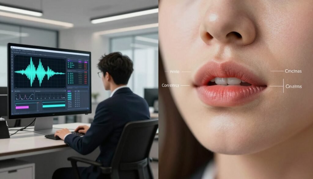 A split image showcasing two distinct methods of lip synchronization using AI technology. On the left, a digital interface displaying waveform graphics and facial recognition data, with a person in professional business attire observing the screen, captivated by the visualizations. On the right, a close-up of the same person's lips, perfectly synchronized with a digital overlay that illustrates the translation of speech in real-time. The background features a modern, sleek office with soft lighting that casts a professional ambiance. Use a shallow depth of field to focus on the contrasting techniques in the foreground while gently blurring the office setting behind. Aim for clarity and precision in details, evoking an atmosphere of innovation and technological advancement in AI lip synchronization.