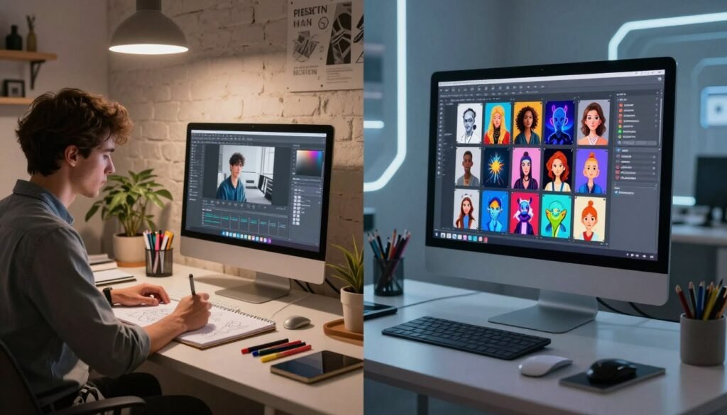 A split scene illustrating the comparison between traditional design and AI-generated thumbnails. On the left, a skilled graphic designer works at a well-organized desk, surrounded by sketchbooks, colorful markers, and a computer displaying design software, with soft overhead lighting that creates a warm, inviting atmosphere. On the right, a sleek, futuristic workspace featuring a large monitor showcasing an AI interface, with vibrant, dynamic digital thumbnails. The backdrop transitions from a cozy, rustic studio to a modern, tech-inspired environment, with bright, cool lighting. The mood is innovative and inspiring, highlighting the contrast between the hands-on creativity of traditional design and the cutting-edge efficiency of AI technology.