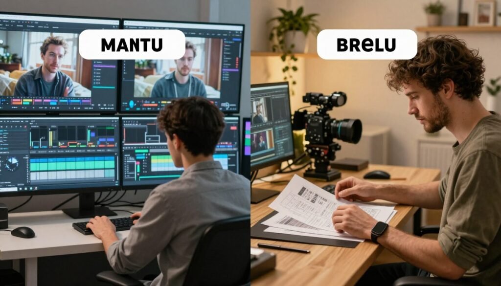 A split-screen image illustrating the advantages and disadvantages of automated vs. manual B-roll generation in video production. On the left, show a professional video editor in a modern studio, surrounded by screens displaying automated B-roll footage with a sophisticated interface. Use warm, bright lighting to evoke efficiency and innovation. On the right, display a traditional video editor in a cozy, well-lit workspace, crafting B-roll manually with a camera and storyboard, illustrating creativity and hands-on techniques. The background should subtly blend both environments, with contrasting colors – cool tones for automation and warm hues for manual editing. Capture a thoughtful, analytical mood, emphasizing the balance between technology and artistry in audiovisual management.