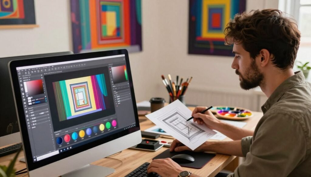 A step-by-step colorization process for video using AI, illustrated with vibrant visuals. In the foreground, display a sleek, modern computer screen showcasing software interface with various tools and sliders visibly adjusting color settings. In the middle ground, depict a professional artist, wearing smart casual attire, focused on the screen, with sketches of black-and-white frames on paper scattered around. In the background, a well-lit creative workspace featuring colorful palettes, brushes, and a large poster of a vibrant, fully colored video frame. The atmosphere should convey innovation and creativity, with warm, inviting lighting highlighting the artist's concentration and the dynamic art environment. Use a slightly elevated angle to capture the workspace's depth and detail, emphasizing the blending of technology and artistry.