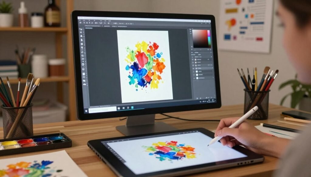 A step-by-step guide for image expansion, depicted in an instructional format. In the foreground, a clear workspace with a digital tablet showing a vibrant artwork in progress, featuring an artist’s hand using a stylus. In the middle, a computer screen illuminates with a user-friendly outpainting software interface, showcasing an expanding canvas with various tools. The background includes soft shelves filled with art supplies, painting tools, and descriptive charts on outpainting techniques. The entire scene is warmly lit to create an inviting atmosphere, emphasizing creativity and innovation. Capture this in a focused angle, as if viewed from slightly above, allowing for depth and engagement in the composition. The mood should be professional yet inspirational, inviting readers to explore the world of AI-driven art expansion.