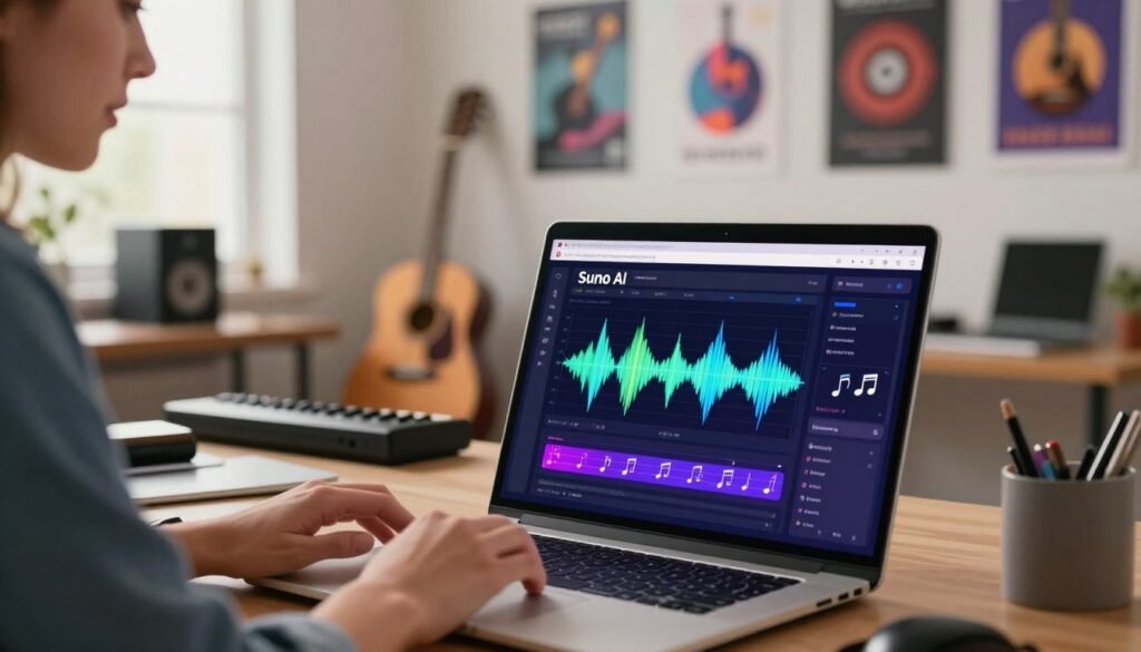 A step-by-step guide illustration for generating musical voice using Suno AI, featuring a digital workspace. In the foreground, a sleek laptop displays a vibrant interface of the Suno AI software, showcasing colorful waveforms and music notes. To the left, a focused professional (dressed in smart casual attire) interacts with the software, a look of concentration on their face. The middle ground includes various musical instruments like a guitar and keyboard, hinting at creativity. The background displays a bright, modern office space with inspirational posters related to music and technology. Soft, ambient lighting fills the room, creating a warm and inviting atmosphere, while a slight bokeh effect adds depth. The overall mood is energetic and innovative, capturing the essence of using AI for music creation.