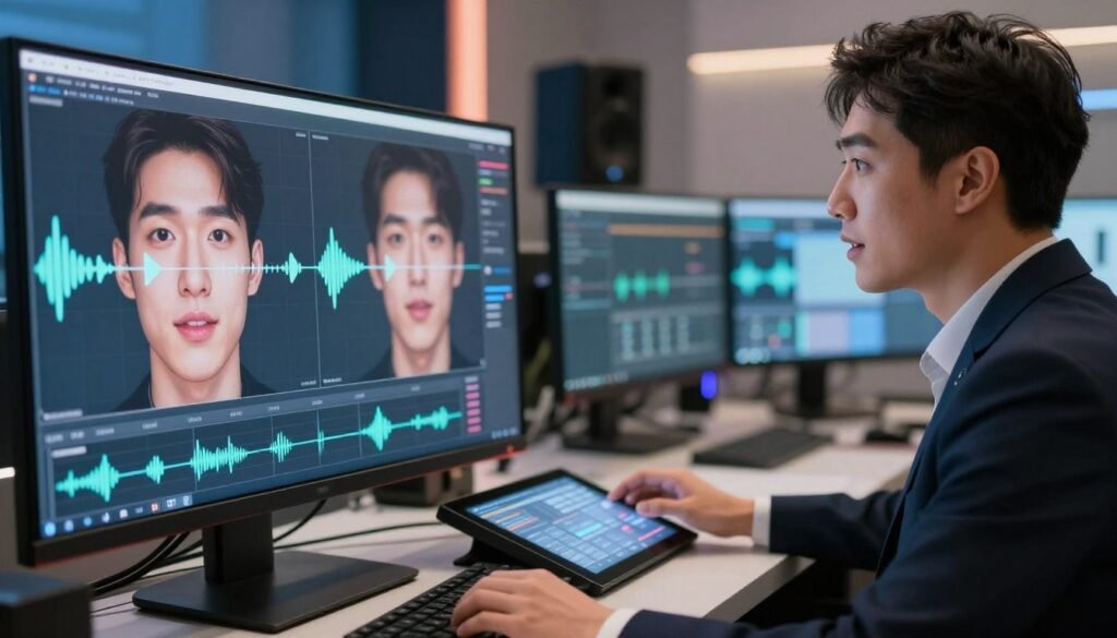 A step-by-step visualization of the lip synchronization process powered by AI. The foreground features a close-up of a digital interface displaying animated facial movements synchronized with audio waves, highlighting key features like phoneme shapes and timing metrics. In the middle ground, a professional character dressed in smart casual attire observes the screen with an engaged expression, while also adjusting controls on a sleek touchscreen panel. The background showcases a modern, well-lit studio environment with multiple computer monitors and sound equipment, accentuated by soft, ambient lighting that creates a focused yet innovative atmosphere. Capture this scene with a slight depth of field to emphasize the digital screen and the character, conveying a mood of creativity and technical precision.