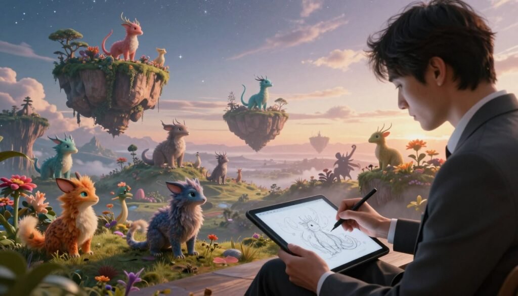 A surreal landscape showcasing the optimization and refinement of fantastic creations. In the foreground, an artist, dressed in professional attire, is diligently sketching magical creatures on a high-tech tablet, their concentration evident. The middle ground features an array of colorful, whimsical creatures and landscapes, such as floating islands, vibrant flora, and mythical beings, all bathed in soft, ethereal light. The background reveals a vast, starry sky transitioning into dawn, symbolizing the endless possibilities of creativity. Use warm tones to create an inspiring atmosphere, with gentle sunlight filtering through wispy clouds, casting intricate shadows. The perspective should be slightly elevated to provide a panoramic view, conveying a sense of wonder and creativity in action.
