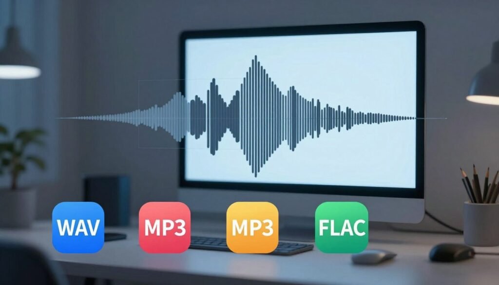 A technical illustration of supported audio formats and technical aspects for audio silence removal using AI. In the foreground, display various audio file formats like WAV, MP3, and FLAC as colored icons, clearly showcasing their unique characteristics. In the middle, depict an abstract representation of audio waveforms, with peaks and troughs visually illustrating silence and removal processes. The background should feature a sleek digital workspace, with soft, ambient lighting that creates a focused atmosphere for technical work. Use a slightly blurred depth of field to emphasize the audio formats and waveforms. The color palette should be professional, utilizing blues and grays to convey a sense of technology and modernity, while ensuring the overall composition is clean and informative.