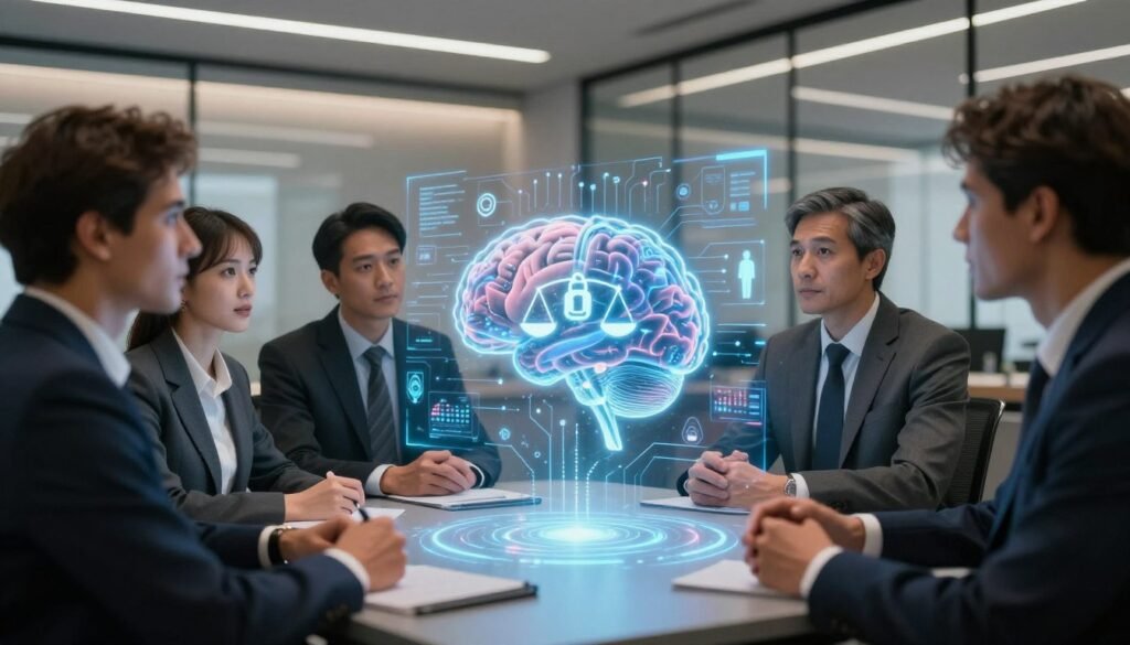 A thought-provoking scene illustrating the ethical challenges and considerations in AI usage. In the foreground, a diverse group of professionals in business attire is engaged in a deep discussion around a futuristic holographic display depicting a digital brain intertwined with ethical symbols like scales and locks. The middle ground features abstract representations of technology, with circuit patterns and human silhouettes merging seamlessly, suggesting collaboration between AI and humanity. The background is a sleek, high-tech office environment with soft lighting that creates a warm, serious atmosphere. The lens should capture a slightly elevated angle, emphasizing the importance of the conversation. Overall, the mood should be reflective and insightful, highlighting the complexity of AI’s role in society.