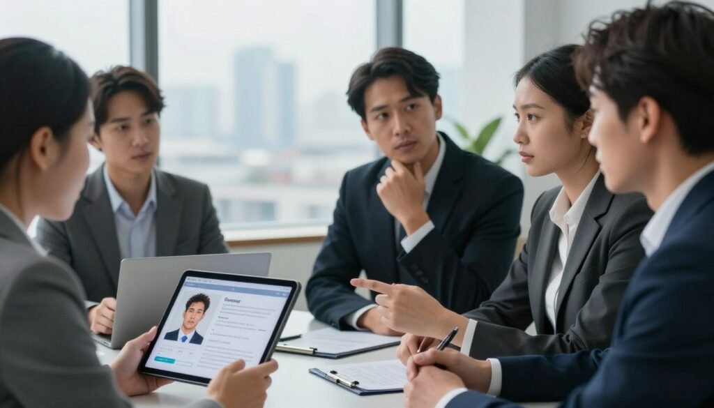 A thoughtful and introspective scene depicting ethical considerations in facial recognition technology. In the foreground, a diverse group of professionals in smart business attire, engaged in a discussion, symbolize the debate on ethics and legality. One person holds a tablet displaying facial recognition data, while another points thoughtfully at an infographic outlining privacy concerns. In the middle ground, an office setting with a large window letting in soft, natural light enhances the atmosphere. In the background, a cityscape subtly blurred, representing the vast implications of technology in urban environments. The overall mood should be serious yet constructive, emphasizing collaboration and innovation while ensuring respect for privacy. Use soft lighting with a focus on the facial expressions of the professionals to convey a sense of urgency and responsibility.
