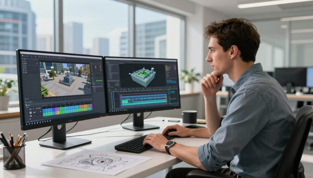 A vibrant 3D scene depicting the methodology of creating 3D environments, showcasing a professional audiovisual manager at work. In the foreground, a modern computer setup with dual monitors displaying intricate 3D models and editing software. The middle layer features a stylish workspace with artistic sketches and digital tablets, symbolizing the creative process. In the background, large windows allow natural light to flood in, illuminating a futuristic cityscape visible outside, symbolizing the potential of 3D generation. Soft shadows enhance the depth of the scene, creating a focus on the manager, who is dressed in smart casual attire, deep in thought. The atmosphere is inspiring and innovative, perfect for illustrating the creative process in audiovisual editing.