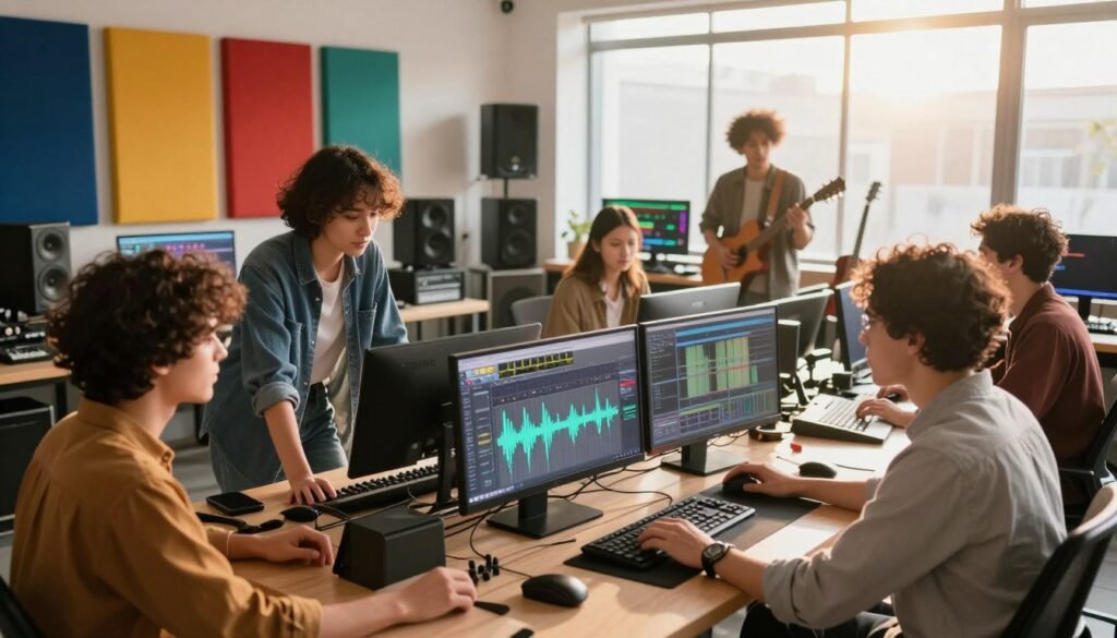 A vibrant and creative workspace featuring musical and audiovisual project concepts. In the foreground, a diverse group of professionals—two men and two women—collaborate on a digital audio workstation, showcasing interfaces filled with sound waves and musical notes. They are dressed in smart casual attire, exuding creativity and focus. The middle ground includes colorful sound panels, musical instruments such as a guitar and keyboard, and screens displaying audio waveforms and visual graphics. In the background, large windows let in warm, natural light, creating an inviting atmosphere. The overall mood is energetic and innovative, illustrating the fusion of technology and creativity in music production. The scene is captured with a slight angle to create depth, lens flare subtly enhancing the ambience.