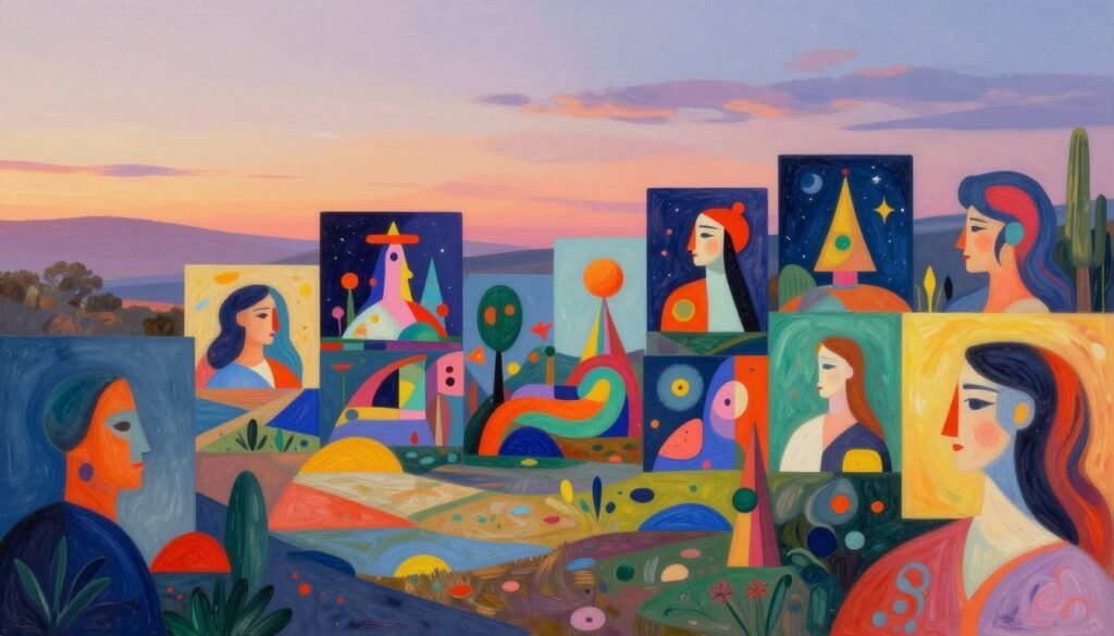 A vibrant and dynamic collage representing various artistic styles inspired by DALL-E. In the foreground, abstract shapes and brushstroke textures blend seamlessly, showcasing styles like impressionism, cubism, and surrealism. The middle ground features digital art representations, illustrating imaginative scenes created with DALL-E's capabilities—think vivid colors and playful forms. In the background, a dreamy landscape with a soft gradient sky transitions from sunset to starry night, enhancing the mood of creativity and inspiration. Soft, warm lighting illuminates the artwork, casting gentle shadows. Use a wide-angle perspective to capture the expansive nature of artistic exploration. The overall atmosphere is vibrant and whimsical, conveying the endless possibilities of creativity through DALL-E.