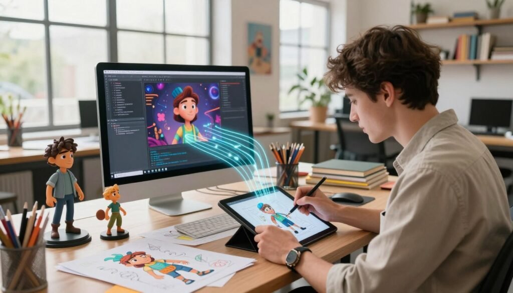 A vibrant and dynamic creative workspace where artificial intelligence interacts with a human artist. In the foreground, a focused artist in professional attire, sketching character designs on a tablet, surrounded by colorful sketches and 3D models of animated characters. In the middle ground, a sleek, futuristic computer displays coding and AI-generated artwork, with glowing data streams visually connecting to the artist's tablet. The background features a bright and airy studio filled with large windows, natural light streaming in, and shelves lined with art books and tools. The atmosphere is energetic and inspiring, symbolizing innovation and collaboration between human creativity and AI technology, with a warm color palette enhancing the mood.