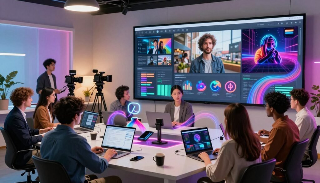 A vibrant and dynamic digital artwork showcasing the practical applications of AI-generated visual effects in the audiovisual industry and social media. In the foreground, a diverse group of professional creatives, dressed in smart casual clothing, are engaged in collaborative brainstorming over a large digital screen displaying captivating AI-generated imagery. In the middle ground, various devices like cameras, laptops, and tablets highlight workflow integration, while colorful visual effects swirl around them, symbolizing creativity and innovation. The background features a modern studio with soft studio lighting, creating an inspiring atmosphere. Use a wide-angle perspective to capture the energy, with a focus on the interplay of light and shadow, enhancing the futuristic, tech-savvy mood of the scene.