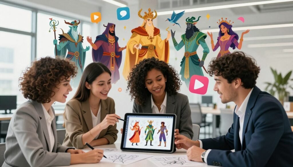 A vibrant and dynamic illustration depicting the integration of fantasy characters into social media and creative projects. In the foreground, a diverse group of three individuals—two women and one man—are engaged in a brainstorming session, showcasing imaginative sketches of fantasy characters on a digital tablet. Each person is dressed in professional business attire, radiating creativity and enthusiasm. In the middle ground, colorful fantasy illustrations of characters inspired by various cultures float around, with social media icons subtly incorporated. The background features a modern, bright office space with large windows letting in natural light, creating an uplifting atmosphere. The scene captures a collaborative spirit, highlighting the excitement of merging fantasy concepts with digital storytelling in a harmonious visual narrative.