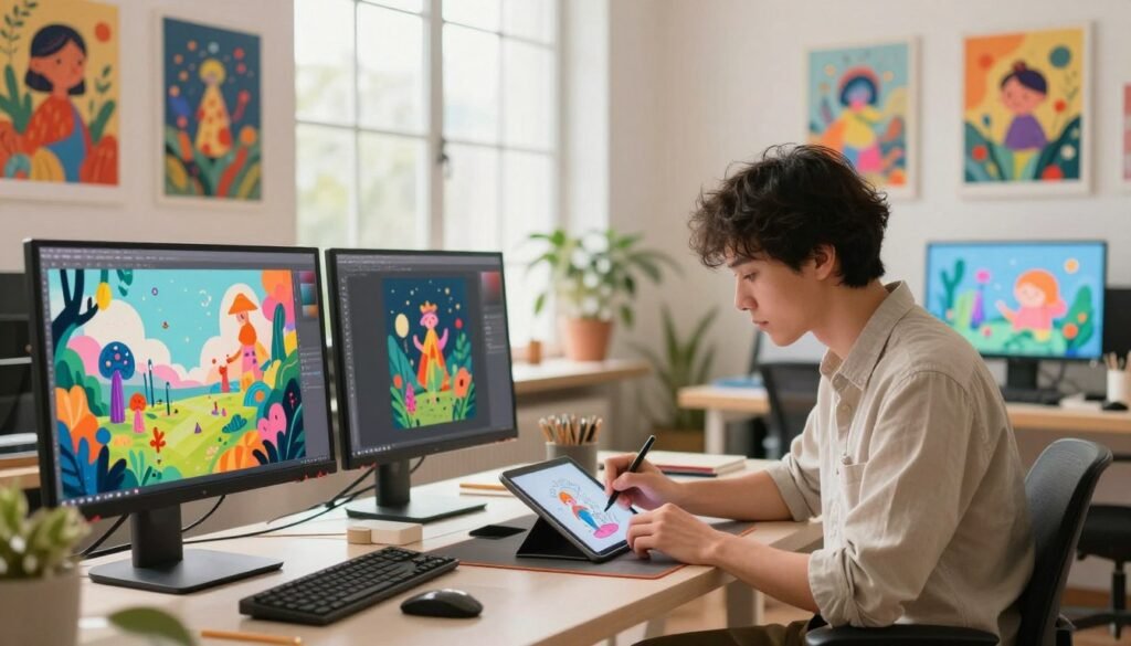 A vibrant and dynamic illustration reflecting various styles and trends in AI-generated illustrations. In the foreground, a creative workspace filled with digital screens displaying an array of colorful, imaginative AI art—abstract designs, surreal landscapes, and whimsical characters. In the middle ground, an artist in professional attire, focused intently on their tablet, blending traditional drawing techniques with digital technology. The background features a soft, airy studio space with large windows allowing natural light to wash in, illuminating the artwork. The atmosphere is inspiring and innovative, with a hint of excitement, showcasing the fusion of creativity and technology in modern book illustration. Lighting is bright yet warm, emphasizing the colors and details in the artwork.