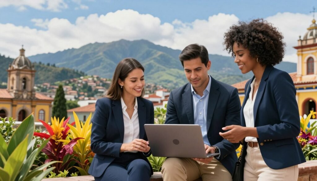 A vibrant and dynamic scene showcasing professional and commercial stock photography in Colombia. In the foreground, a diverse group of three business professionals—a Colombian woman in a tailored suit, a Hispanic man in smart casual attire, and an Afro-Colombian woman in modern business wear—are engaged in a collaborative discussion over a laptop, surrounded by colorful Colombian landscape elements like tropical flowers and greenery. In the middle ground, a stunning view of the Andes mountains is visible, with blue sky and fluffy clouds. The background features iconic Colombian architecture, hinting at a vibrant urban setting. The lighting is bright and natural, with soft shadows creating a hopeful and inspiring atmosphere, captured using a wide-angle lens to add depth to the scene.