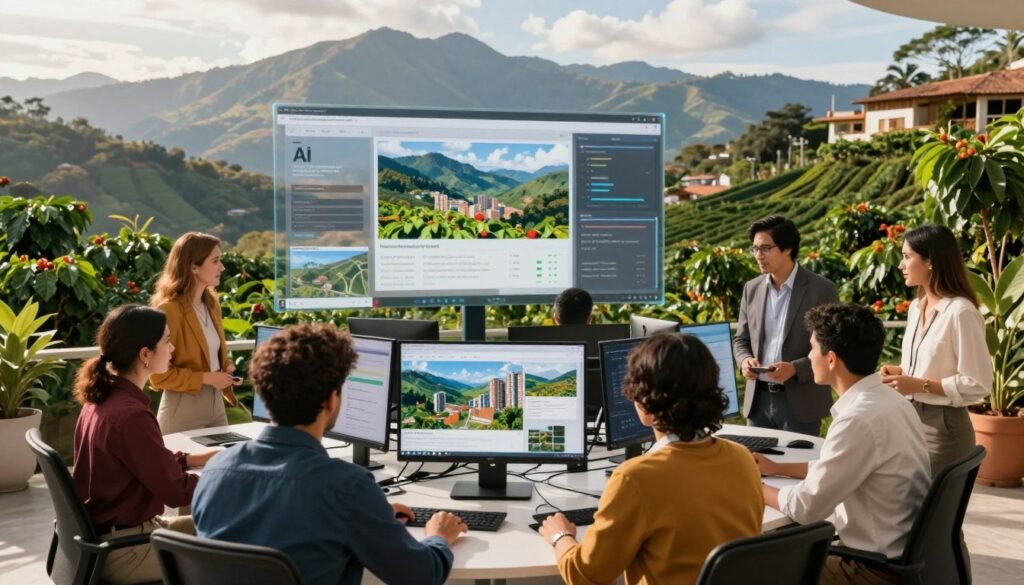 A vibrant and dynamic scene showcasing the practical applications of artificial intelligence in Colombia. In the foreground, a diverse group of professionals, dressed in smart casual attire, collaborates around a digital workstation displaying AI-generated visualizations of Colombian landscapes and urban designs. The middle ground features an interactive transparent screen showcasing AI tools in use, such as automated data analysis and visual design software. In the background, iconic Colombian imagery like the Andes mountains and lush coffee plantations adds depth and context, bathed in warm morning light to create an inviting atmosphere. The perspective should be slightly elevated, capturing both the technological advancements and the natural beauty of Colombia, conveying innovation and collaboration in a harmonious environment.