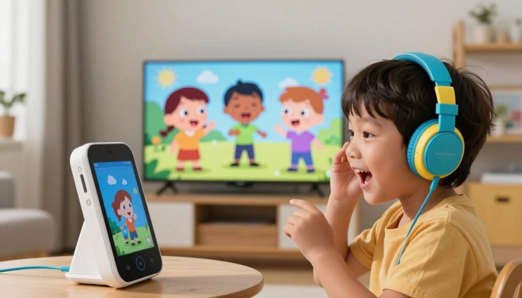 A vibrant and engaging scene illustrating the practical applications of voice technology for children in audiovisual content. In the foreground, a cheerful young child interacts with a smart device, wearing colorful headphones, showcasing a look of wonder and excitement. In the middle ground, a TV screen displays animated characters with expressive voices, creating a lively atmosphere. The background features a cozy, modern home setting with playful decor, and soft, warm lighting filtering through a window, enhancing the inviting feel of the room. The angle captures the perspective of the device and child, emphasizing engagement and connection with the content. The overall mood is joyful and imaginative, highlighting the innovative use of AI in children's entertainment.