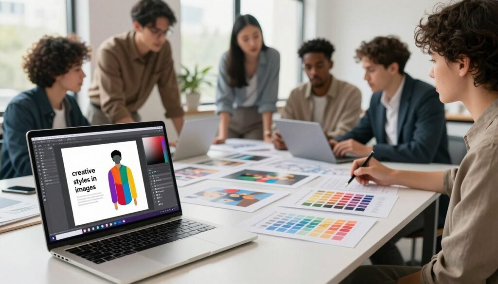 A vibrant and engaging workspace illustrating the concept of "creative styles in AI images". In the foreground, display a sleek laptop with a visually striking graphic design software interface open and displaying various artistic filters and styles. In the middle ground, include a diverse group of professionals in smart business attire, engaged in brainstorming and discussing their creative projects, with sketches, color palettes, and AI-generated images spread out on a large table. The background should feature large windows allowing soft, natural light to flood the room, enhancing the atmosphere of creativity and innovation. The scene captures a dynamic collaboration in a contemporary, stylish office environment, evoking inspiration and the transformative power of AI in image creation.
