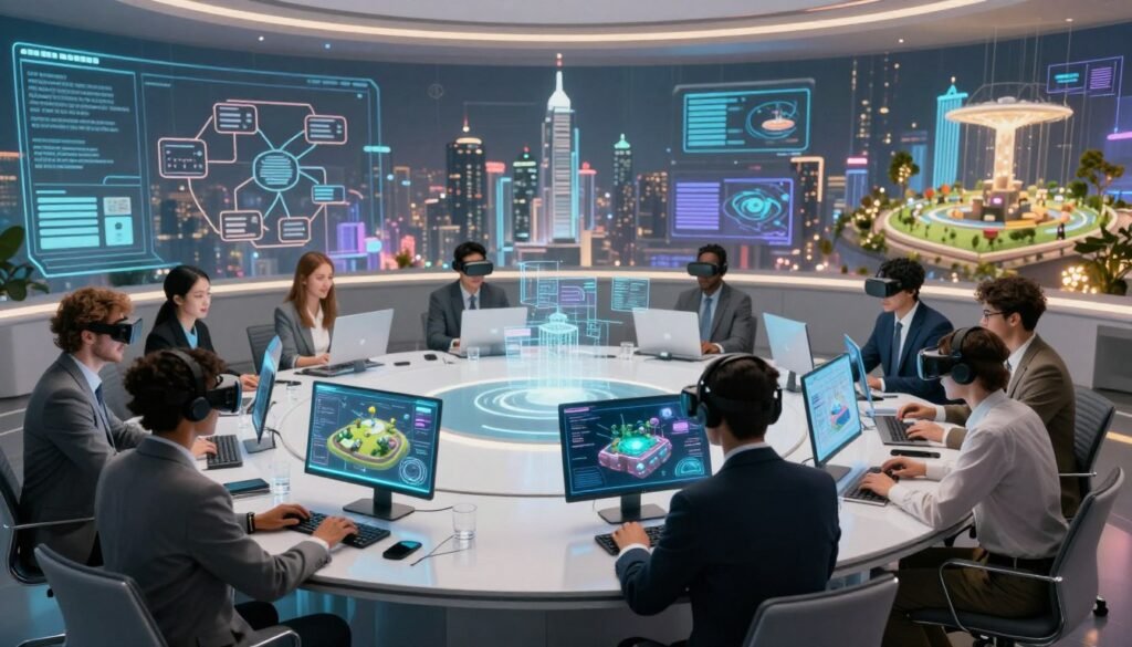 A vibrant and futuristic virtual environment showcasing practical methodologies for creating virtual spaces. In the foreground, a diverse group of professionals in smart business attire collaborates at a sleek, modern workstation, interacting with holographic displays and virtual reality headsets. The middle ground features a circular conference table surrounded by visually appealing digital interfaces depicting data flows, brainstorming diagrams, and 3D models of virtual environments. In the background, a dynamic skyline of a digitally enhanced city illustrates the possibilities of AI-driven environments, bathed in soft, ambient lighting that gives a warm yet innovative feel. The angle is slightly elevated, capturing the contrast between the collaborative activity and the expansive digital landscape. Overall, the mood is inspiring and focused, emphasizing creativity and the future of virtual space design.