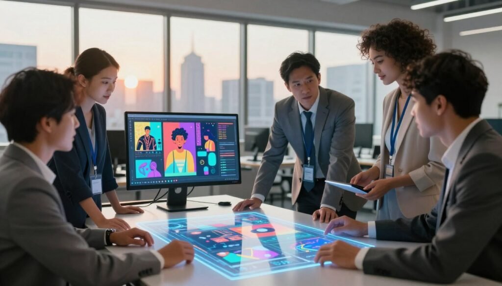 A vibrant and futuristic workspace showcasing artificial intelligence in image design. In the foreground, a diverse group of professionals in business attire collaborate around a sleek holographic display, analyzing AI-generated image designs. The middle ground features a high-tech computer with a colorful array of digital art on the screen, symbolizing creativity and innovation. The background includes large windows revealing a city skyline bathed in warm, natural light, creating an inspiring atmosphere. Soft, diffused lighting enhances the modern aesthetic, while a dynamic angle captures the action and excitement of AI transforming image creation, inviting viewers to explore the advantages of this technology in design.