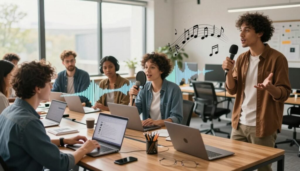 A vibrant and imaginative scene showcasing creative applications of AI voice technology. In the foreground, a diverse group of professionals in smart casual attire is engaged in collaborative activities: one person is composing music on a laptop, another is recording a voiceover, while a third is animatedly storytelling into a microphone. The middle layer features sound waves and musical notes visually flowing from their devices, symbolizing creativity and innovation. In the background, a modern office space with large windows lets in soft, natural light, casting a warm atmosphere over the scene. The overall mood is inspiring and energetic, highlighting the intersection of technology and creativity in a visually engaging way. Capture the scene from a slightly elevated angle, emphasizing the teamwork and interaction among the individuals.