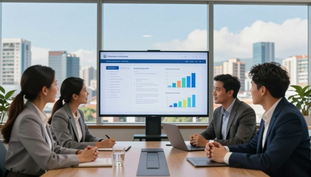 A vibrant and inspiring office setting in Colombia showcasing successful business collaboration. In the foreground, a diverse group of three professionals, dressed in smart business attire, are engaged in a lively discussion around a sleek conference table, emphasizing teamwork. In the middle ground, a large screen displays positive data and graphs, symbolizing successful implementation of real-time voice translation with AI. The background features large windows with a panoramic view of a bustling Colombian city skyline under clear blue skies, letting in soft, warm natural lighting. The overall mood is one of achievement and innovation, capturing the essence of successful companies in Colombia leveraging advanced technology.