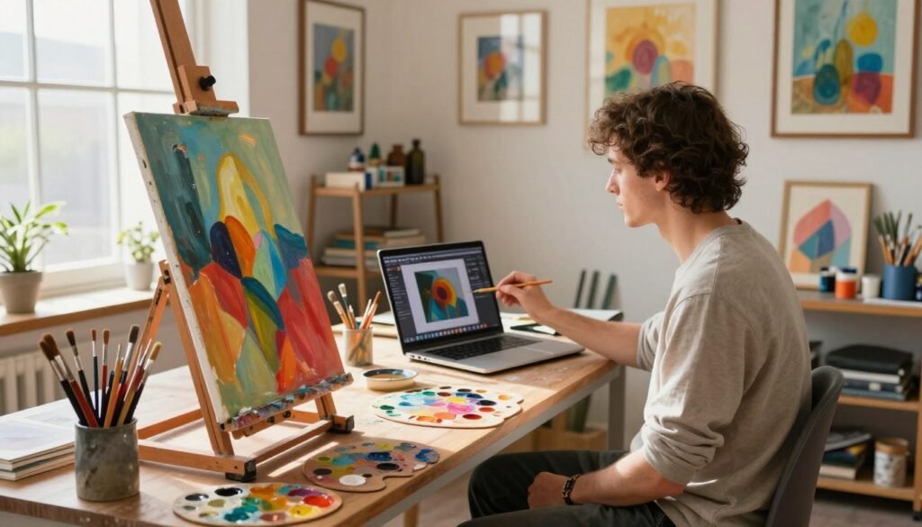 A vibrant and inspiring workspace for optimizing artistic creations, featuring a well-lit artist's studio. In the foreground, an easel holding a partially completed oil painting with vivid colors and textures, surrounded by brushes and palettes. The middle ground showcases a focused artist, dressed in modest casual clothing, contemplating their next brush stroke, with a laptop open nearby displaying digital art software. The background reveals walls adorned with framed artworks and shelves filled with art supplies, bathed in warm, natural light streaming through large windows. The atmosphere evokes creativity, motivation, and a sense of artistic exploration, with soft shadows enhancing depth and clarity throughout the scene.