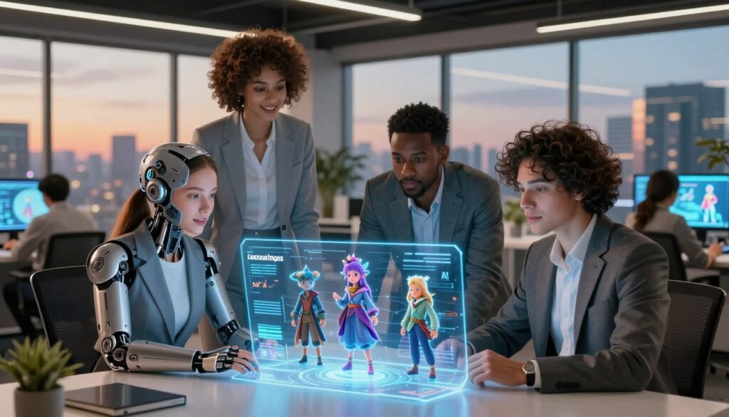 A vibrant and professional setting showcasing a diverse group of characters designed with artificial intelligence. In the foreground, a multi-ethnic team of three individuals, dressed in smart business attire, collaborates around a futuristic holographic interface displaying 3D character models. Each character is unique, featuring varying styles: one is a cybernetic hero, another a whimsical fantasy creature, and the last a realistic humanoid. In the middle ground, digital screens illuminate the atmosphere, showcasing successful applications of AI in character design with graphs and glowing images. The background features a modern office with sleek furniture and large windows revealing a cityscape at dusk, creating a warm, inviting glow. Soft lighting emphasizes the creativity and innovation within this collaborative environment, evoking a mood of inspiration and possibility.