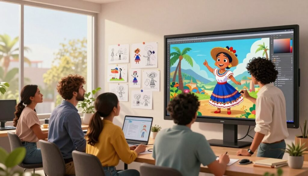 A vibrant animation studio scene showcasing the practical applications of character animation in Colombia. In the foreground, a diverse group of professional animators, including men and women in smart casual attire, collaboratively working on a colorful animated character on a large digital screen. In the middle, various sketches and storyboards pinned to a bright wall, illustrating Colombian culture and storytelling elements, such as traditional attire and landscapes. In the background, large windows let in warm natural light, creating an inviting atmosphere, with green plants adding vibrancy. The composition is framed with a slight tilt, focusing on both the group interaction and the animated character. The mood is energetic and creative, reflecting the innovation in character animation processes.