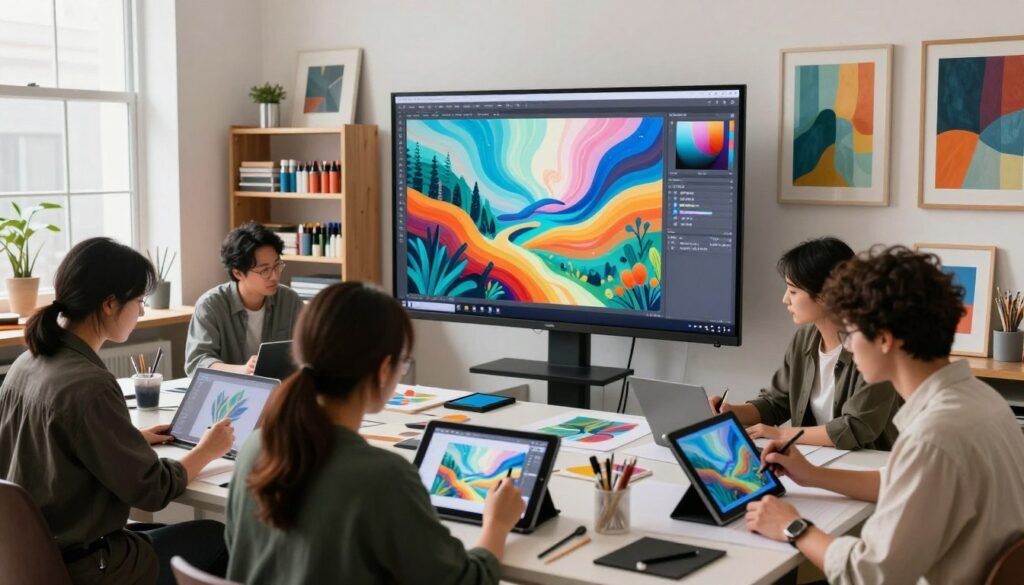 A vibrant art studio scene displaying the applications of Stable Diffusion in art and design. In the foreground, a diverse group of artists, dressed in professional attire, are engaged in creating AI-generated artworks on digital tablets. The middle ground features a large screen showcasing stunning abstract designs and imaginative landscapes created using Stable Diffusion. In the background, shelves filled with art supplies and framed pieces of artwork denote a creative atmosphere. Soft, natural lighting streams through the studio windows, casting gentle shadows. The overall mood is inspiring and innovative, capturing the intersection of technology and creativity in the modern art world, reflecting the transformative power of AI in artistic expression.
