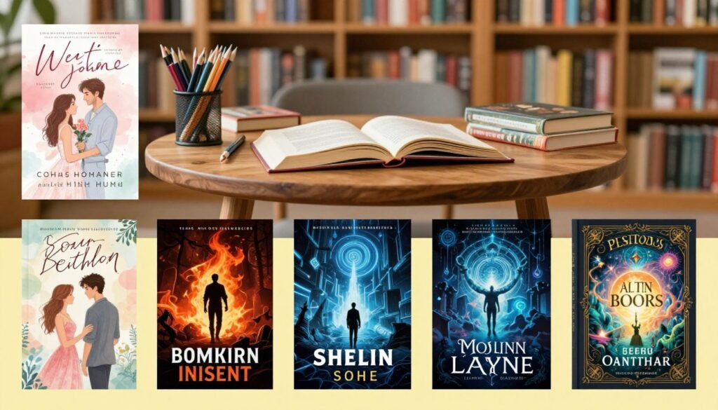 A vibrant collage showcasing examples of book covers across various genres on a visually stimulating backdrop. The foreground features distinct book covers, each representing a different genre: a romantic novel with soft pastel colors, a thrilling mystery with dark, bold tones, a science fiction cover with futuristic elements and vibrant blues, and a fantasy book adorned with magical imagery. In the middle ground, place an elegant wooden table displaying an open book surrounded by art supplies, symbolizing creativity in design. The background should capture a cozy library environment, filled with shelves of books and warm lighting that creates a welcoming atmosphere. The composition should inspire creativity and convey a sense of artistic exploration.