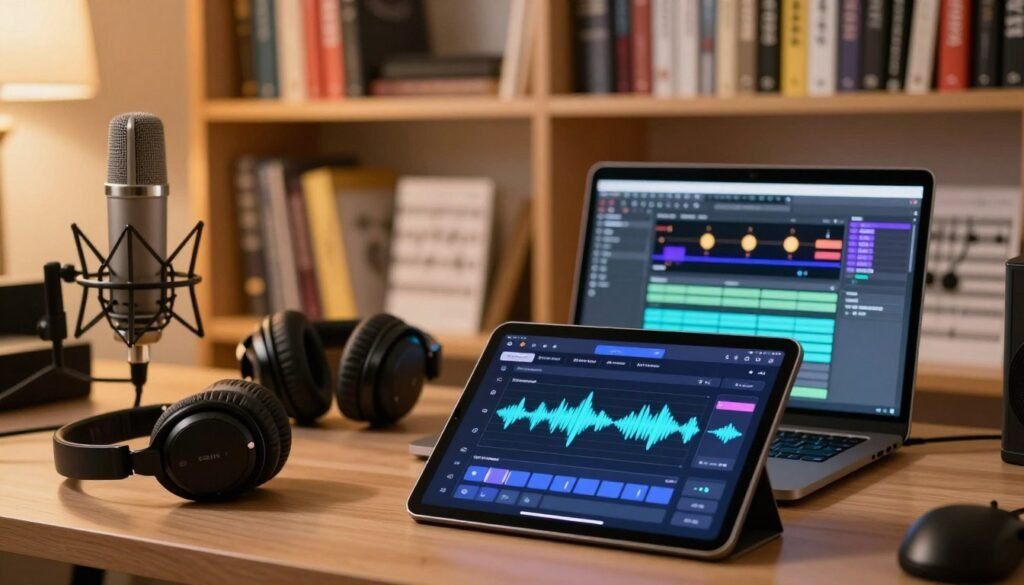 A vibrant creative workspace featuring various vocal harmony tools and platforms. In the foreground, display a sleek digital tablet with a vocal harmony app interface, showing waveforms and harmony settings. Surround it with professional audio equipment like high-quality microphones and headphones. In the middle, include a stylish laptop with software open, demonstrating pitch correction features. In the background, softly illuminated by warm lighting, showcase shelves filled with music books and sound engineering manuals. Use a shallow depth of field to keep focus on the instruments while subtly blurring the shelf, creating a harmonious and inspiring atmosphere. Capture the essence of innovation and creativity in music technology.