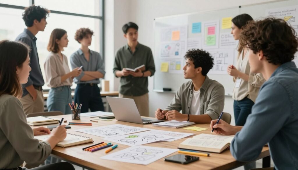 A vibrant creative workspace showcasing the process of idea generation. In the foreground, a wooden table is cluttered with sketchbooks, pencils, colorful markers, and concept art sheets spread out invitingly. The middle ground features a diverse group of professionals, dressed in smart business casual attire, engaged in animated discussion, sharing creative ideas. The background reveals a large whiteboard filled with brainstorming notes and colorful diagrams, illuminated by soft, natural light streaming through large windows, creating an inspiring atmosphere. The mood is collaborative and energetic, inviting a sense of innovation and creativity. A slightly blurred depth of field draws focus to the interactions while maintaining an artistic ambiance.
