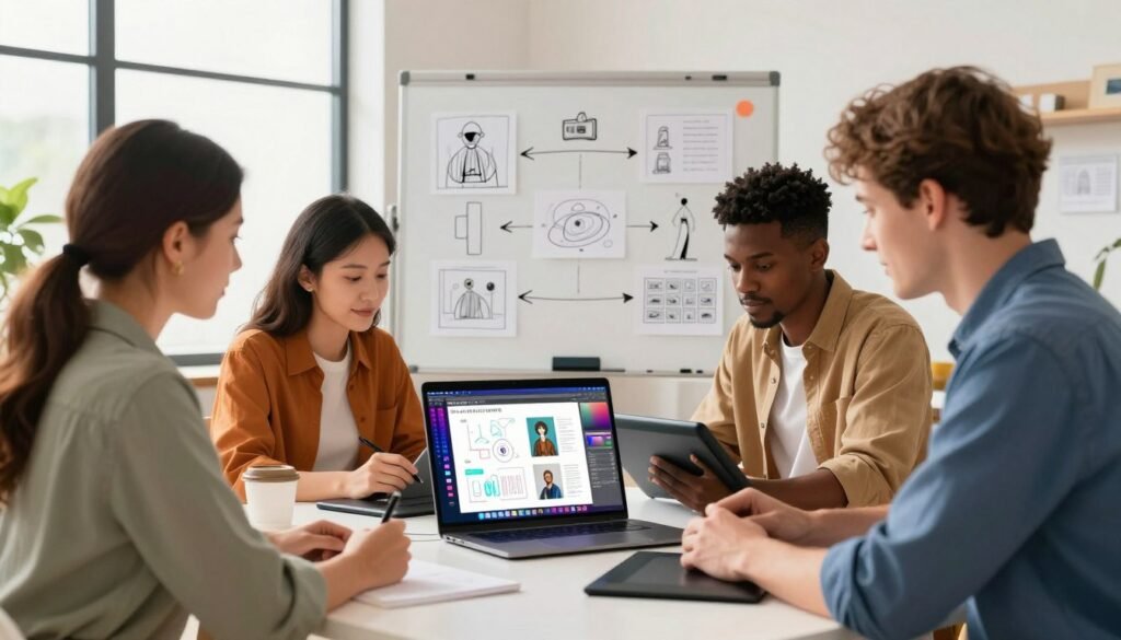 A vibrant, detailed illustration of a step-by-step guide to generating images with AI. In the foreground, a diverse group of professionals—two men and two women in smart casual attire—are gathered around a modern table. They are focused on a laptop displaying a colorful interface for AI image generation, with diagrams and sample images on the screen. In the middle ground, a whiteboard filled with sketches and notes outlines the step-by-step process, and tools like graphics tablets and design software can be seen. The background shows a bright, airy office space with large windows letting in warm natural light. The mood is collaborative and innovative, emphasizing teamwork and creativity in digital art production.