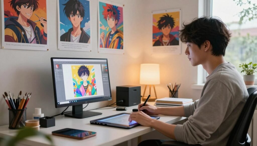 A vibrant, detailed scene of an artist's workspace designed for optimizing art with artificial intelligence. In the foreground, a confident anime-style artist wearing smart casual clothing is seated at a sleek desk filled with digital tools like a tablet, stylus, and a glowing laptop screen displaying AI-generated illustrations. In the middle, a wall features vibrant artwork and posters showcasing various anime styles, alongside an inspirational quote about creativity. The background is softly illuminated by warm lighting, creating a cozy atmosphere, while a window reveals a serene outdoor view, suggesting creativity and tranquility. The composition should evoke a sense of innovation and artistic exploration, capturing the essence of utilizing AI for artistic enhancement. No text, logos, or any additional overlays included.