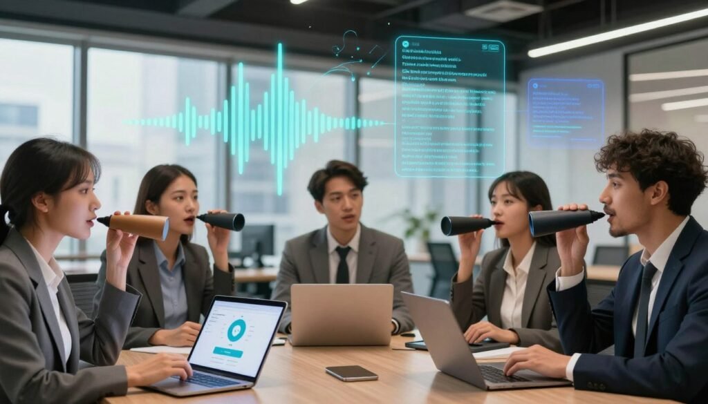 A vibrant, dynamic scene depicting the concept of multi-platform text-to-speech integration. In the foreground, a diverse group of professionals, dressed in smart business attire, interact with sleek devices like tablets, laptops, and smartphones, showcasing voice generation apps. In the middle, visual representations of sound waves and digital text transforming into voice emerge from the devices, signifying the seamless integration of AI technology. The background features a modern office environment with large windows letting in soft natural light, enhancing the atmosphere of innovation and collaboration. The overall mood is energetic and forward-thinking, emphasizing the exciting possibilities of voice content creation through AI.