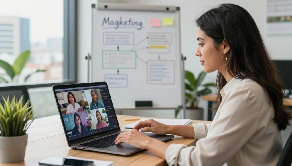 A vibrant, engaging scene depicting a Colombian marketing professional analyzing old video footage on a sleek laptop in a modern office setting. In the foreground, the professional, a Hispanic woman in smart casual attire, focuses on the screen, where restored video clips play, showcasing transformation in color and clarity. The middle ground features a whiteboard with marketing strategies and video restoration techniques illustrated, while the background includes indoor plants and a large window with a view of a bustling cityscape, bathed in soft natural light. The overall mood is innovative and professional, highlighting the fusion of traditional video content with modern marketing strategies. Capture the essence of creativity and technology in a Colombian context, focusing on collaboration and progress.