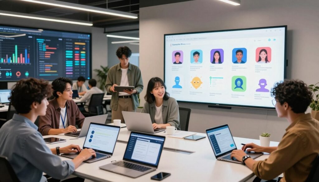 A vibrant, high-tech workspace filled with professionals collaborating on voice AI applications. In the foreground, a diverse group of individuals dressed in smart casual attire are engaged in animated discussions over laptops and tablets, showcasing various voice interface designs. The middle ground features an interactive digital whiteboard displaying colorful diagrams and examples of voice use cases like virtual assistants, gaming characters, and customer service bots. Bright, focused LED lighting highlights the area, creating a warm yet innovative atmosphere. In the background, large screens are filled with dynamic graphs and user analytics that represent the successful deployment of voice AI technologies. The overall mood conveys creativity, collaboration, and the future of technology.